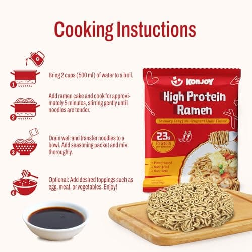 KONJOY Protein Ramen Noodles, Plant-Based High Protein(23g) Ramen Noodles Tossed with Savory Crayfish Chili Sauce, Non Fried, Low Fat, Vegan Healthy Meal, 5 Pack - Thumbnail 6