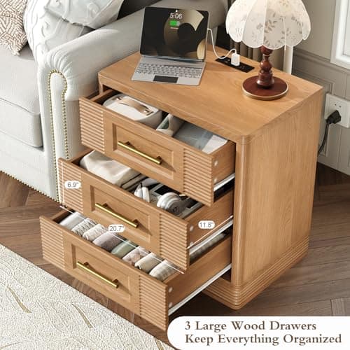 RECHHX 3 Drawer Dresser for Bedroom, 25.6" Tall Nightstand with Charging Station, Farmhouse 23.6" Wide End Table, Thermoformed Curved Small Chest of Drawers for Bedroom, Living Room, Nature Oak - Thumbnail 5