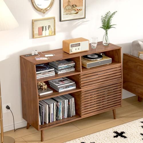 zofiauai Mid Century Record Player Stand, Large Vinyl Turntable Console with Doors, Charging Station, 451 Albums Capacity Media Storage Shelf, Entertainment Center for Living Room, Bedroom, Walnut - Thumbnail 4