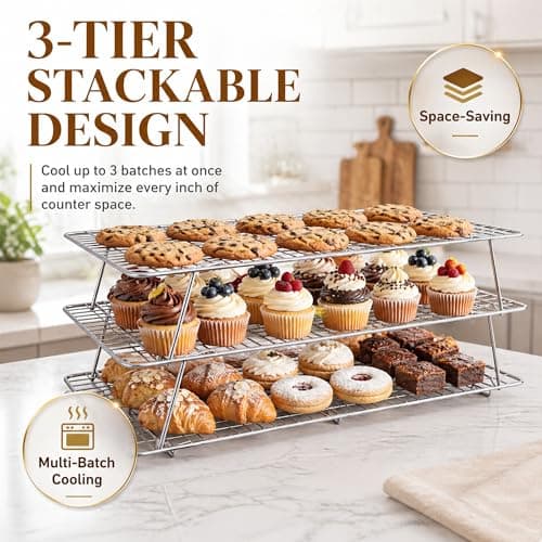 JINANJUNGU Cooling Rack, 3 Tier Stackable Cooling Racks for Cooking Baking Roasting, Multi-Level Collapsible Cookie Rack for Cakes, Oven Safe & Easy Clean (Silver, 3-Tier) - Thumbnail 2