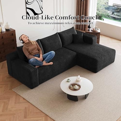 96" Cloud Small Sofa L-Shaped Modular Sectional with Chaise for Apartment & Living Room, Corduroy Deep Seat Boneless Couch, No Assembly Required, (Black, Right Facing Chaise) - Thumbnail 5