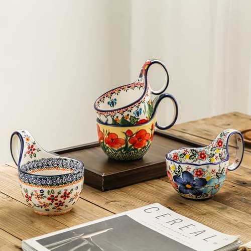 18oz Large Soup Bowl with Loop Handle, Ceramic Handpainted Decorative Mug Cup with Handle, Bowl for Soup Cereal Fruits Chili Stew Ice Cream, Dishwasher Microwave Safe Housewarming Gift for Mom - Thumbnail 3