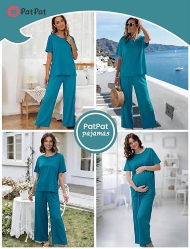PATPAT Lounge Sets for Women Short Sleeve Pajama Set Soft Comfy Elastic Pjs 2 Piece Loungewear Outfits with Pockets Turquoise, XXL - Thumbnail 5