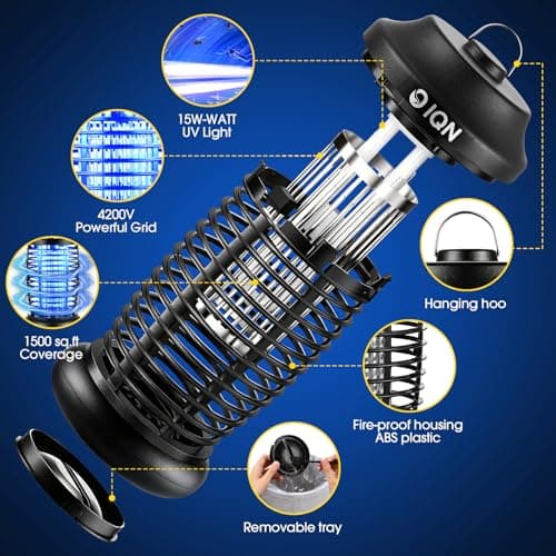 Bug Zapper Outdoor, Plug-in Electric Mosquito Fly Zapper, 15W Light & 4200V Grid, On/Off Switch, Mosquito Traps & Killer for Home, Kitchen, Patio, Backyard and More (Black) - Thumbnail 3