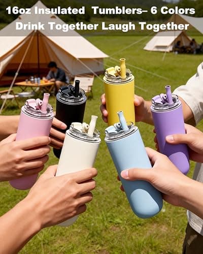 UIRZOTN 6 Pack 16 oz Insulated Coffee Tumblers, Travel Coffee Tumblers with Straw, Double-Wall Stainless Steel Tumbler, Leak Proof Tumbler, Reusable Cups with Lids for lced and Hot Drinks - Thumbnail 2