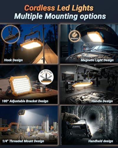 13000mAh Rechargeable LED Work Light, 10000LM Magnetic Flood Light with 180° Rotatable Stand & 4 Modes, IP65 Waterproof, Ideal for Power Outage Emergency Camping Car Repair Workshop, Tool Gift for Men - Thumbnail 6