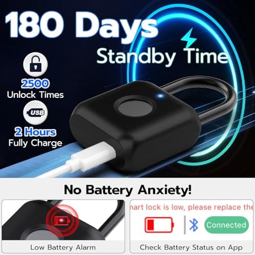 Keylesslife Fingerprint Padlock,Smart Padlock APP Control,Gym Locker Lock,Fingerprint Lock USB Rechargeable for Gym Locker,Locker, School,Storage Black - Thumbnail 5
