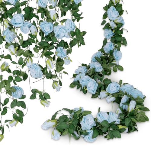 U'Artlines 3 Pack Artificial Blue Rose Vines Floral Garlands Total 19.5 Ft Fake Vine Silk Flower Garland for Indoor Outdoor Home Wedding Arch Garden Wall Decoration
