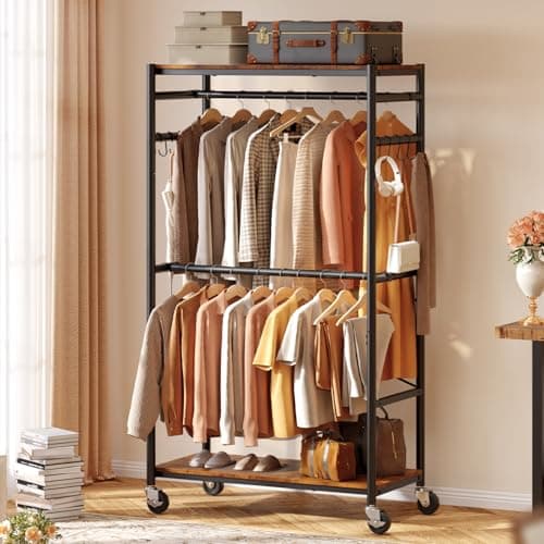 HOKEEPER Heavy Duty Rolling Clothes Rack, Metal Closet Organizer with Wood Shelves, Adjustable 70.9"~79.9" H x 39.3" W Freestanding Wardrobe for Bedroom, Max Load 450 LBS - Image 1