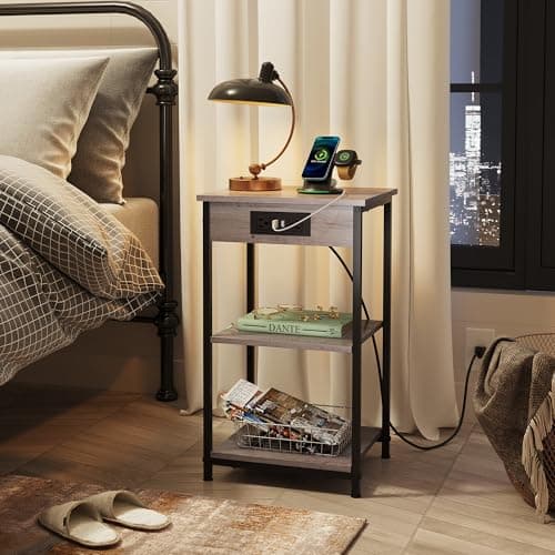 WLIVE End Table with Charging Station, Small Night Stand with Storage Adjustable Shelf, Side Tables for Small Spaces, Bedside Tables for Living Room, Bedroom, Grey - Thumbnail 6