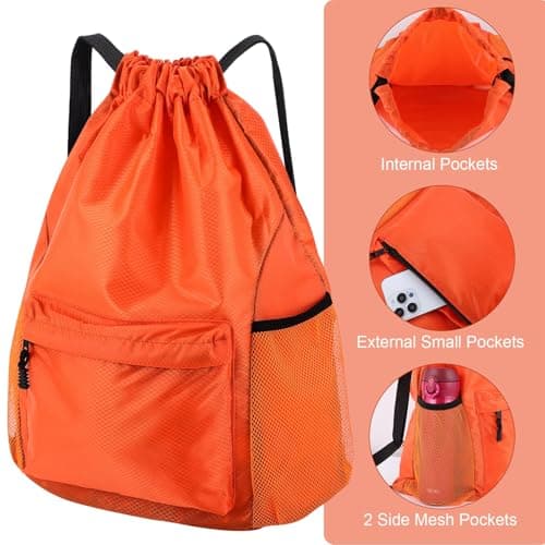 Dntorx Drawstring Backpack, Gym Bag with Water Bottle Pocket, Waterproof String Backpack for Soccer, Basketball, Swim for Women Men (Orange) - Thumbnail 4