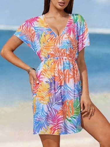 Women's Tropical Leaf Print V-Neck Beach Swim Cover-Up – Short Sleeve Loose Fit (Tropical Multicolor, XXL) - Thumbnail 3