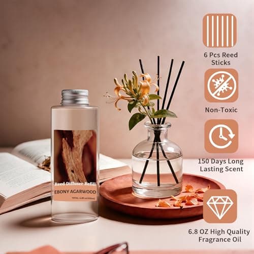STRN Reed Diffuser Oil Refill, Ebony Agarwood Scented Diffuser Oil Refills with 6 Reed Sticks 200ML(6.8fl.oz), Room Fresheners for Home, Long-Lasting Fragrance for Living Room, Bedroom, Office - Thumbnail 4