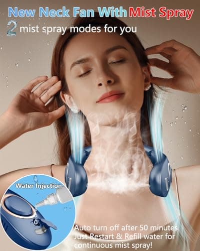 QMKKX Neck Fan with Mist Spray,Bladeless Folding Neck Fans that Blow Cold Air,Portable Necklace Fan Rechargeable Battery Operated Quiet Cooling Device,Wearable Hands Free Fans for Women Men Kids Blue - Thumbnail 2
