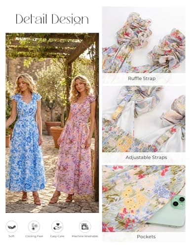 GRACE KARIN 2025 Women's Summer Floral Print Dress Sleeveless Casual Flowy Sundress A Line Ruffle Wedding Guest Outfit Blue Yellow Floral 2XL - Thumbnail 5