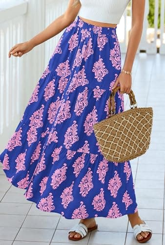BTFBM Long Skirts for Women Summer 2026 Elastic High Waist Flowy A Line Casual Boho Tiered Floral Maxi Skirt Pockets(Dark Blue Pink Flower, XX-Large) - Thumbnail 6