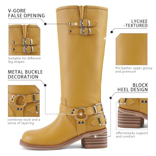 QIV Yellow Pebbled Knee High Motorcycle Boots for Women – Classic Harness Ring Mid Calf Riding Biker Boots with Buckle Straps & Low Block Heel Size 7.5 - Thumbnail 6