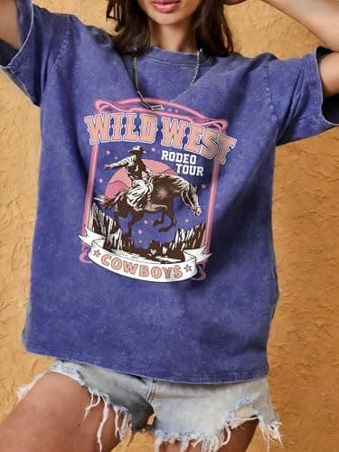 Western Shirts for Women Oversized Graphic Tees Vintage Cowboy Rodeo T Shirts Acid Wash Cattle Skull Casual Short Sleeve Tops - Thumbnail 2