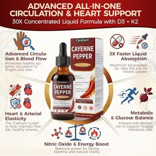CareGem Cayenne Pepper Drops with Vitamin D3 K2 MK-7-30:1 Organic Beetroot & Hawthorn - Advanced Circulation & Blood Flow Support - Berberine, Turmeric, Panax Ginseng - 2 Fl Oz - Thumbnail 2