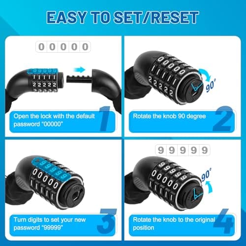 APECYC Bike Locks Heavy Duty Anti Theft, 5 Digit Combination Bike Chain Lock, 4FT Security Bicycle Lock Hardened Steel Square Chains for Bicycle, E-Bike, Motorcycle, Scooter, Gate - Thumbnail 6