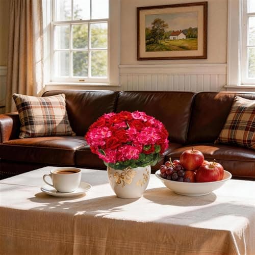 FULLMUSIC Artificial Flowers for Outdoor, UV Resistant Realistic Geranium Fake Flowers-Faux Flowers for Outdoor planters, Garden, Porch, Patio, Window Box Home Decor All Year Round (6, Rose red+red - Thumbnail 6