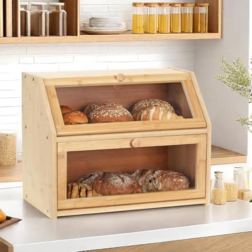Wcatea Bread Box for Kitchen Countertop, Large Double Layer Bamboo Bread Storage Box with Clear Door, Includes 20 Bread Bags & Labels, Farmhouse Kitchen Storage Organizer (Natural Bamboo) - Thumbnail 6