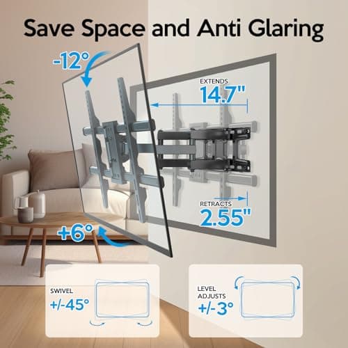 C-MOUNTS Full Motion TV Wall Mount Bracket Dual Articulating Arms Swivels Tilts Rotation for Most 37-75 Inch Flat Curved TVs,Holds up to 110lbs, Max VESA 600x400mm,Fits up to 16" Studs - Thumbnail 5