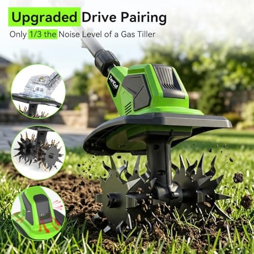 21V Cordless Tiller Cultivator, 8.0Ah Total Power(2×4.0Ah Bat+Bat Charger), 360RPM Electric Garden Tiller,9" Width & 8.6" Depth, SK5 Steel Blades, 3-Stage Adjustable for Garden, Raised Beds & Lawns - Thumbnail 2