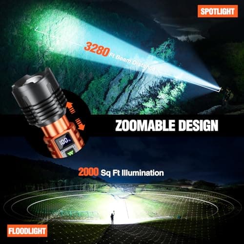 Wdtpro Rechargeable LED Flashlights High Lumens, Super Bright 90,000LM Rechargeable Flashlight with LCD Display, 5 Modes & Waterproof Powerful 10000mAh Handheld Flashlight for Camping Emergency Orange - Thumbnail 6