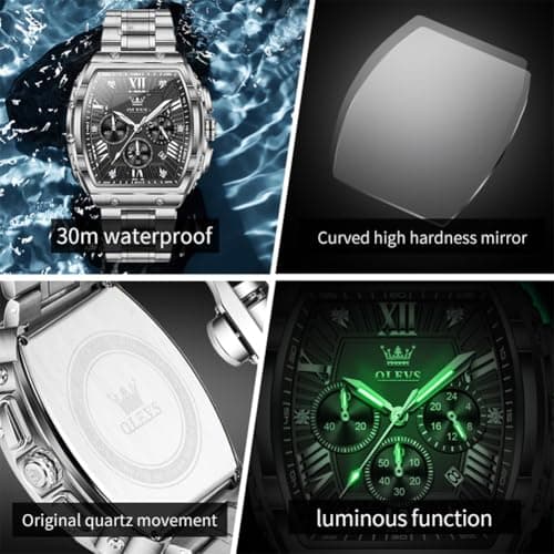 OLEVS Watch Men Luxury Black Big Face Square Silver Stainless Steel Chronograph Waterproof Mens Watches Tonneau Luminous Quartz Work Analog Dress Wrist Watches for Men Relojes para Hombres - Thumbnail 5