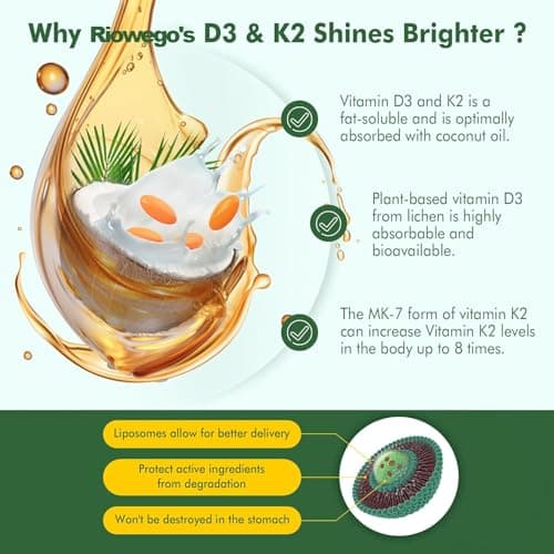RIOWEGO Vitamin D3 + K2 w/Coconut Oil,Vegan Vitamin D 10000IU & Mk7 Vitamin K 200 mcg for Bone, Immune & Heart Support | Easy to Swallow-Non-GMO-300 Softgels - Thumbnail 6