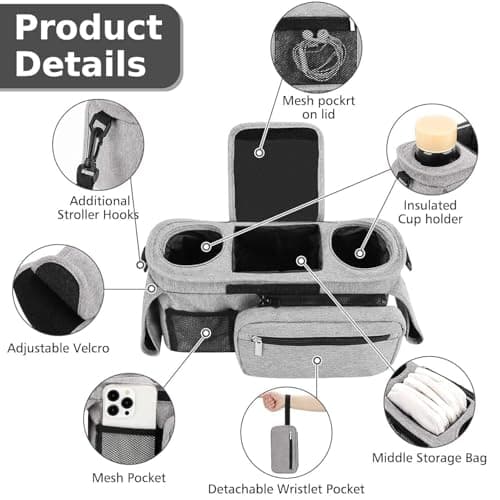 HFLYJPYW Universal Stroller Organizer with Insulated Cup Holder Detachable Phone Bag and Carry Strap Fits Uppababy, Baby Jogger, Britax, BOB, Umbrella and Pet Stroller and more (Light gray) - Thumbnail 3