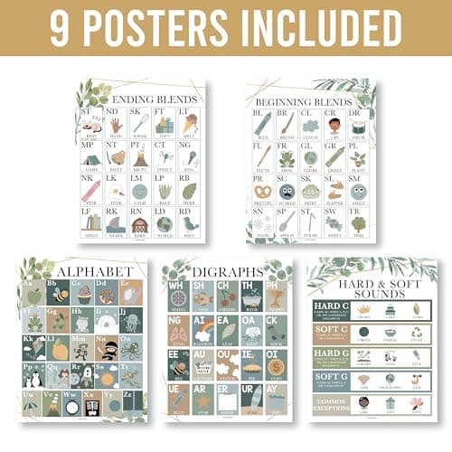 Hadley Designs Phonics Posters For Classroom - 9 Sound Wall Classroom Phonics For Kindergarten & Elementary, Syllable Types, Long and Short Vowel Sounds, Digraphs & Blends, Greenery Bulletin Board Set - Thumbnail 4