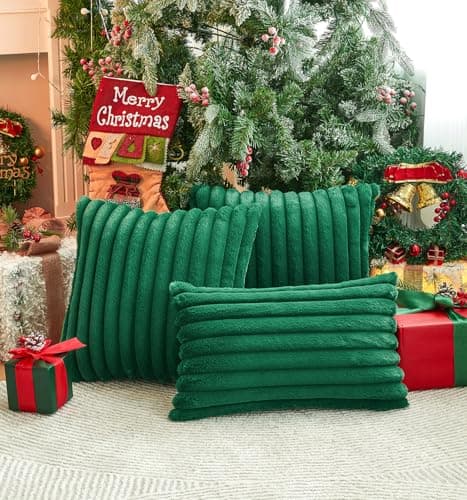 GriNeed Pack of 2 Christmas Green Pillow Covers 20x20 Inch Decorative Faux Fur Emerald Throw Pillow Cover, Soft Lumbar Plush Pillowcases for Couch Sofa Bed Living Room, Fluffy Cute Home Boho Decor - Thumbnail 3