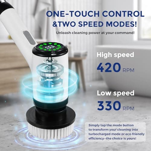 Electric Spin Scrubber, Cordless Power Cleaning Brush with 8 Replaceable Heads, 2 Adjustable Speeds, LED Display & Long Handle, Ideal for Bathroom Tub Tile Floor Car Cleaning - Thumbnail 4
