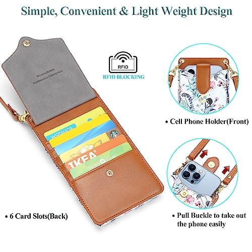 Peacocktion Small Crossbody Bags for Women RFID Cell Phone Leather Purse with Card Slot Trendy Card Holder Wallet Brown Floral - Thumbnail 3