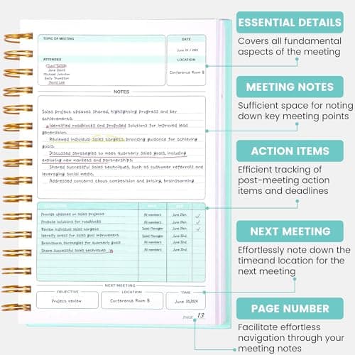 Yoment Meeting Notebook for Work with Action Items Hardcover Spiral 5.5X 8.5 Office Project Planner for Women Men Meeting Notes Notebooks for Work, Cyan - Thumbnail 2