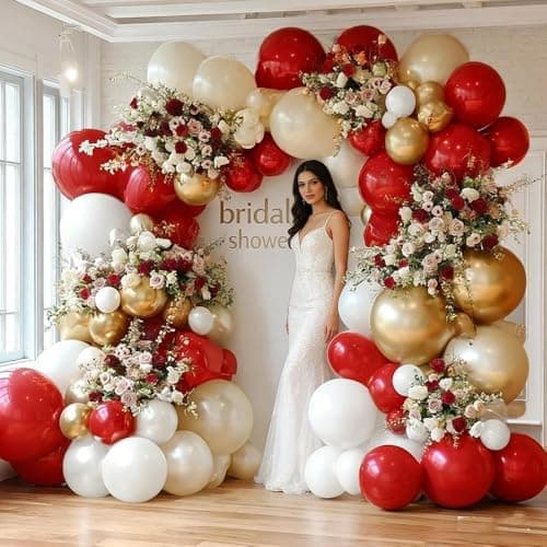 Red White Gold Balloon Garland Double Stuffed Burgundy Red White Sand Pearl Balloon Arch Kit Maroon Wine Balloons for Mother's Day Birthday Bridal Shower Wedding Graduation Party Decorations - Thumbnail 6