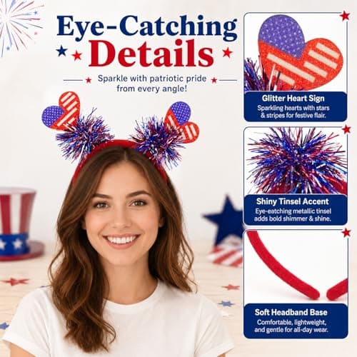 Oeyliz 4th of July Headband Memorial Day Accessories Independence Day Headbands Patriotic Hair Accessories Red White Blue Heart-Shaped Headband 4th of July Headbands Independence Day Party Supplies - Thumbnail 4