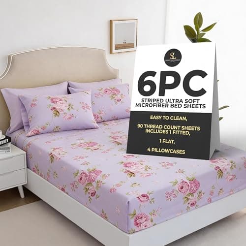 Spirit Linen home Twin Size Bed Sheets Set Deep Pockets - 6PC Floral Ultra Soft Microfiber Bed Sheets - Easy to Clean, 90 Thread Count Sheets Includes 1 Fitted, 1 Flat, 2 Pillowcases (Pink Lavender) - Image 1