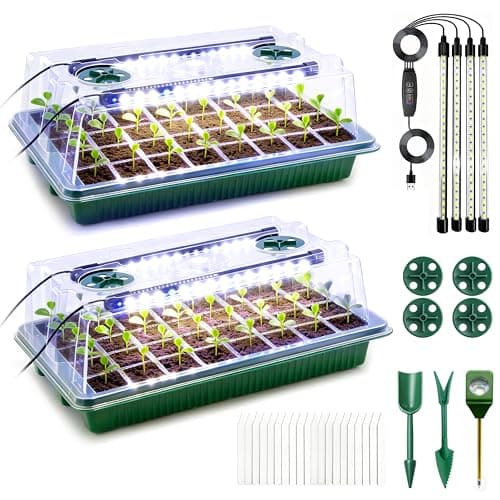 Seed Starter Tray with Grow Light, 2 Pack - 80 Cells Indoor Seeding Kit with Adjustable Humidity Dome, 10 Brightness Levels & Timer & Soil Hygrometer & Seedling Tools, All-in-readiness Seeding Kit - Image 1