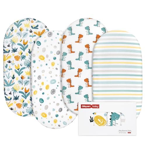Gllquen Baby Bassinet Sheets 4 Pack, Breathable Cozy Fitted Mattress Sheet, Elastic Travel Crib Fashionable Floral Pattern, Standard Cradle Safe Sheets for Baby Boys Girls 32"x16"(Dinosaur)