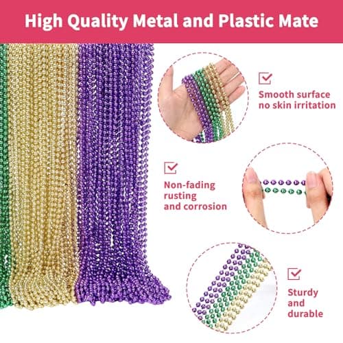 SWANUCKY 90 Pack 33" Gold Purple Green Mardi Gras Plastic Beaded Necklaces - Bulk Party Favors for Parade Throws, Costume Accessories, Summer Festivals & Daily Decor - Thumbnail 5