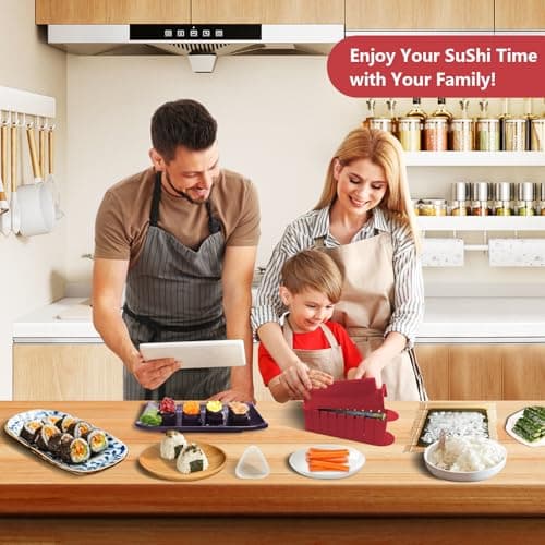 HI NINGER Sushi Maker Set, 24-piece sushi maker kit for beginners to make their own sushi. Can be used as a sushi plate with rice roll molds, knife, sushi plate,sushi rolling mat (red) - Thumbnail 3