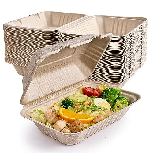 ECOLipak 75 Pack Clamshell Take Out Food Containers, 100% Compostable To Go Containers Disposable, 9X6 inch Heavy-Duty To Go Boxes, Eco-Friendly Biodegradable To Go Containers For Food - Image 1