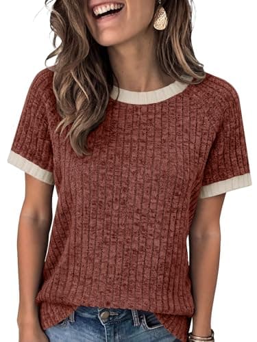 ANRABESS Womens Tops Summer Short Sleeve Shirts Dressy Casual Color Block Work Blouse 2026 Spring Trendy Lightweight Sweater Rust Large - Image 1