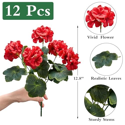 Karlliu Artificial Geranium Flowers for Outdoors: 12 PCS Realistic UV Resistant Faux Red Geranium Silk Flowers for Outdoor Planters Fade Proof Garden Fake Flowers Decor for Outside Porch - Red - Thumbnail 2