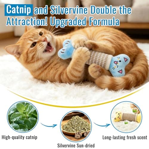 ENNOKEY Cat Toys Pillows, Catnip Cat Kicker Toys, 2 PCS Durable Chew Toy with Scratching Mat, Crinkle Sound Silvervine Cat Pillow for Teeth Cleaning, Interactive Kitten Toys for Indoor Cats - Thumbnail 2
