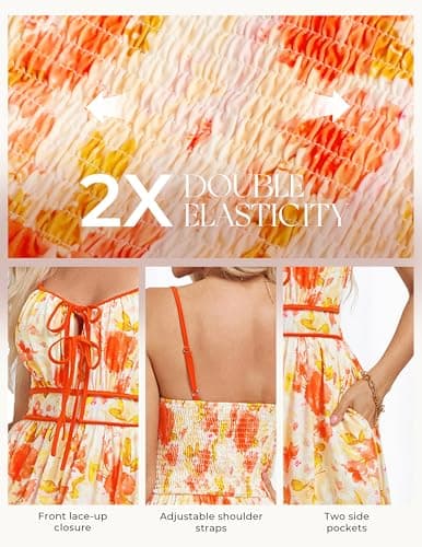 GRACE KARIN 2026 Women's Summer Maxi Floral Dress, Spaghetti Strap Tie Front Boho Sundress with Pockets, Yellow 2XL - Thumbnail 3