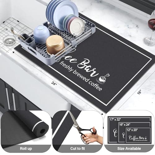 Findosom Dish Drying Mat, 16"x 24" Super Absorbent & Hide Stain Coffee Mat, Cuttable Drying Mat for Kitchen Counter, Coffee Bar Accessories, Under Dish Rack, Coffee Maker, Espresso Machine, Black - Thumbnail 2